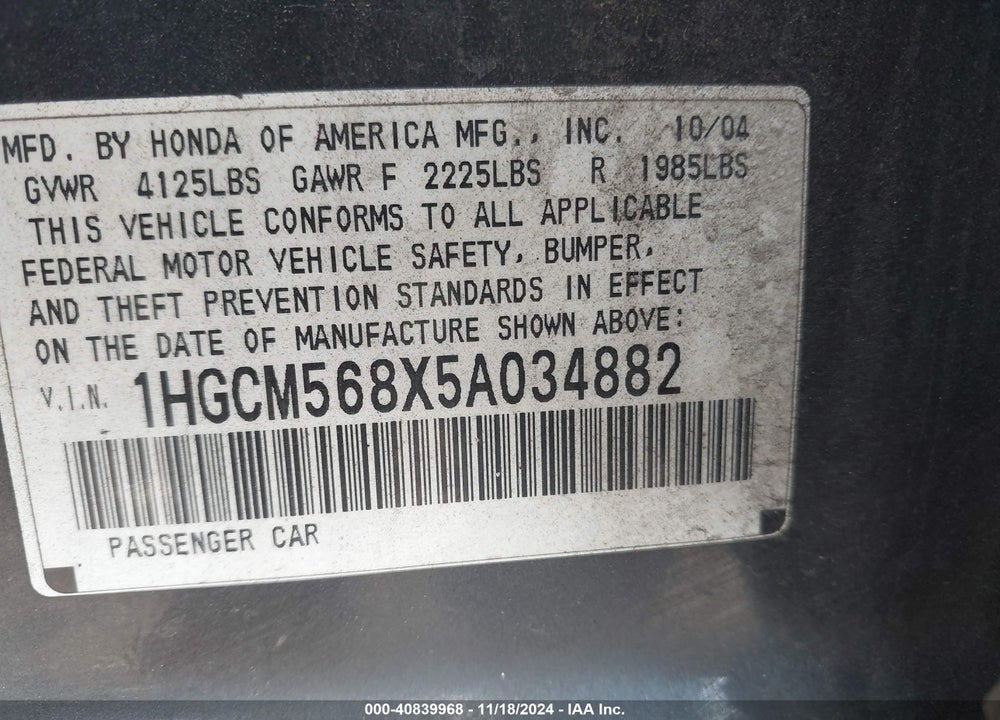 2005 HONDA ACCORD 2.4 EX VIN: 1HGCM568X5A034882