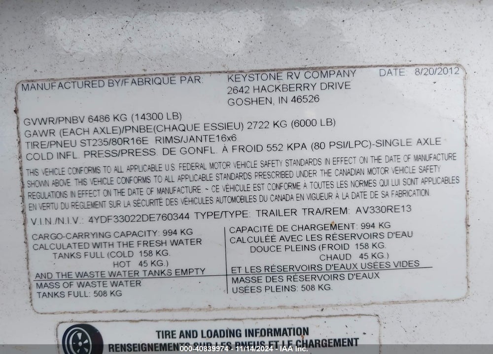 2013 KEYSTONE RV OTHER VIN: 4YDF33022DE760344