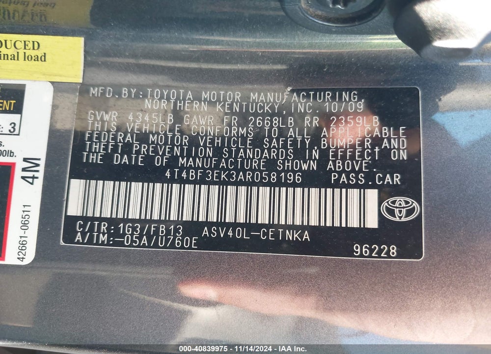 2010 TOYOTA CAMRY VIN: 4T4BF3EK3AR058196