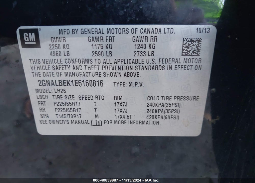 2014 CHEVROLET EQUINOX 1LT VIN: 2GNALBEK1E6160816