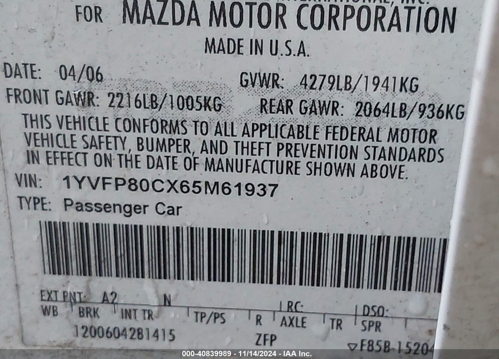 2006 MAZDA 6 I VIN: 1YVFP80CX65M61937