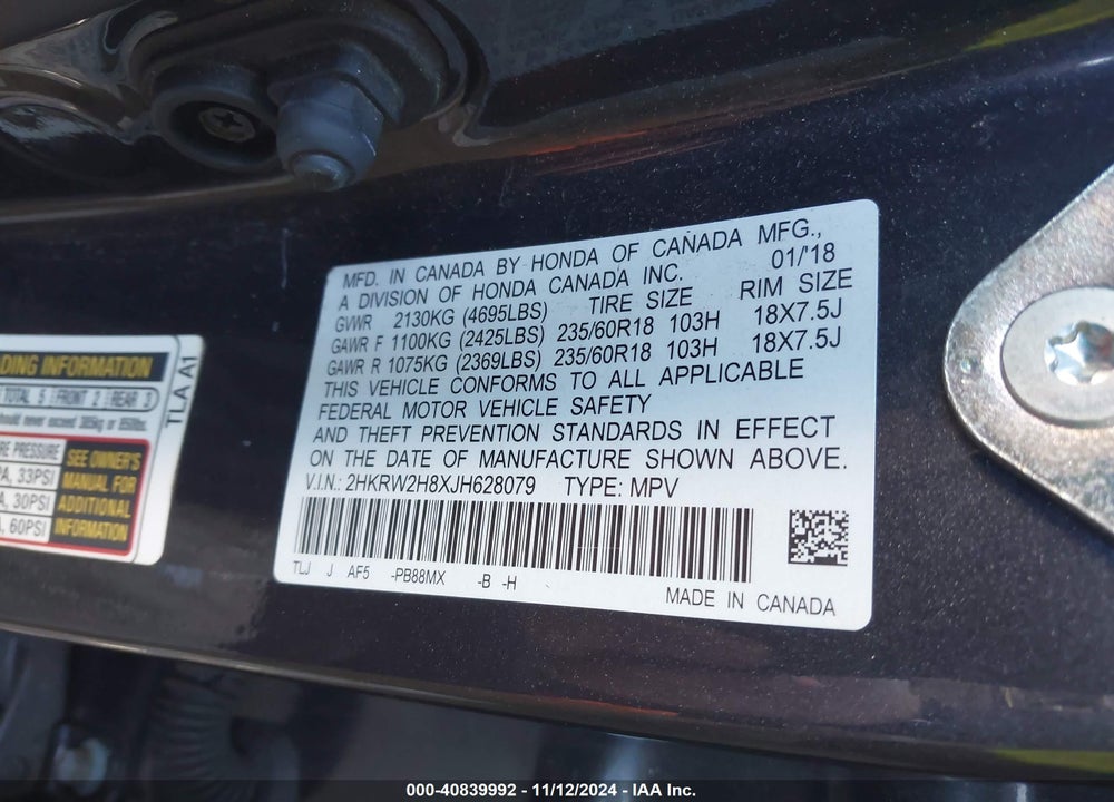 2018 HONDA CR-V EX-L/EX-L NAVI VIN: 2HKRW2H8XJH628079