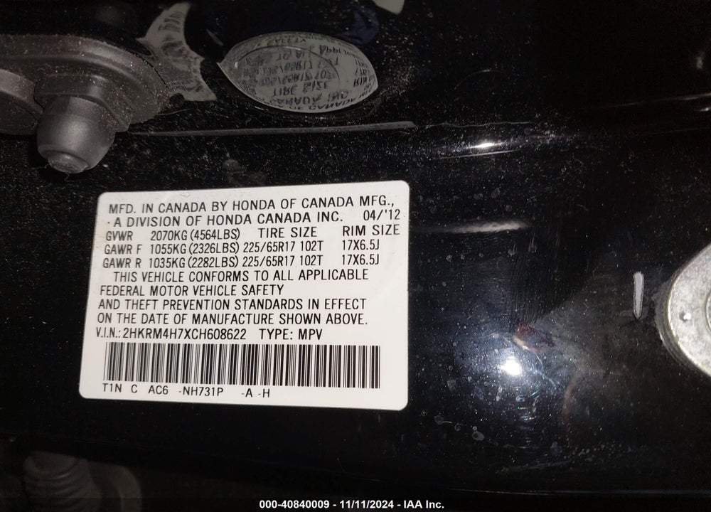 2012 HONDA CR-V EX-L VIN: 2HKRM4H7XCH608622