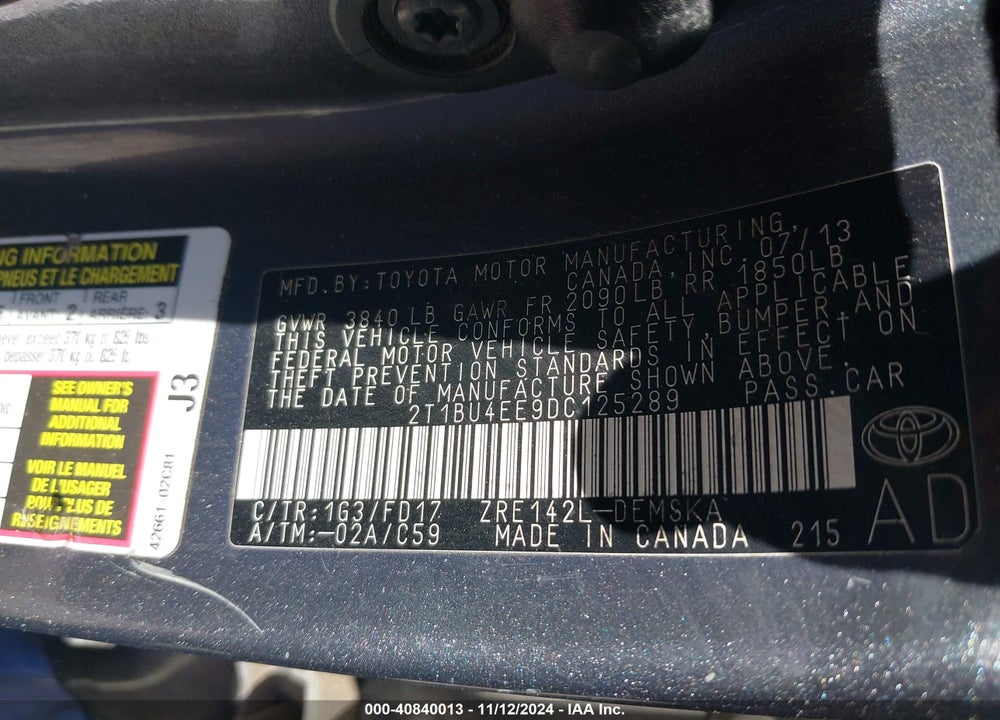 2013 TOYOTA COROLLA S VIN: 2T1BU4EE9DC125289