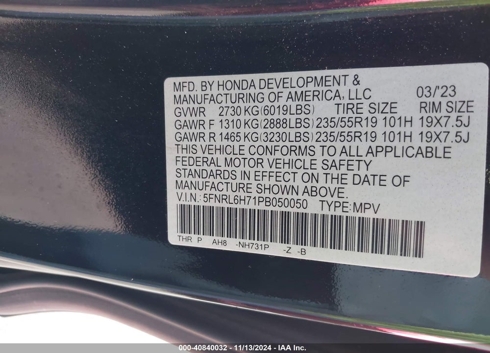 2023 HONDA ODYSSEY SPORT VIN: 5FNRL6H71PB050050