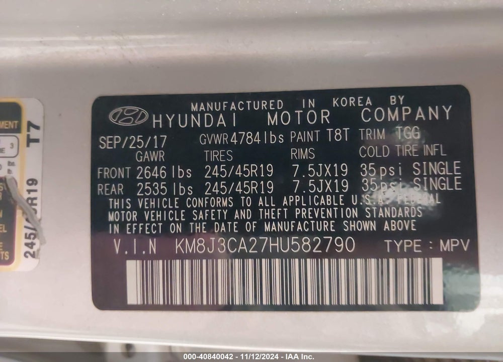 2017 HYUNDAI TUCSON SPORT VIN: KM8J3CA27HU582790