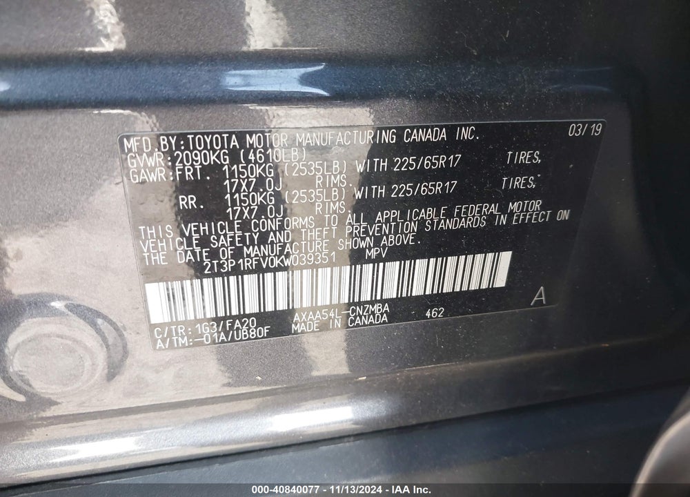2019 TOYOTA RAV4 XLE VIN: 2T3P1RFV0KW039351