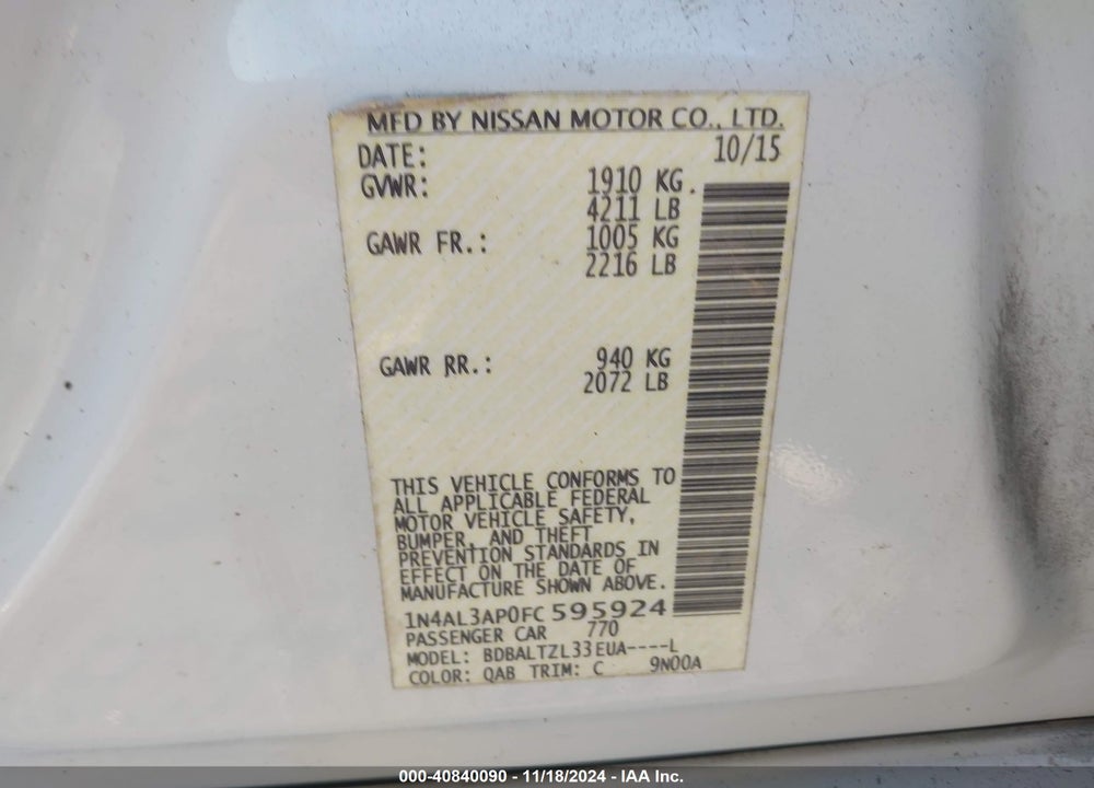 2015 NISSAN ALTIMA 2.5 SL VIN: 1N4AL3AP0FC595924
