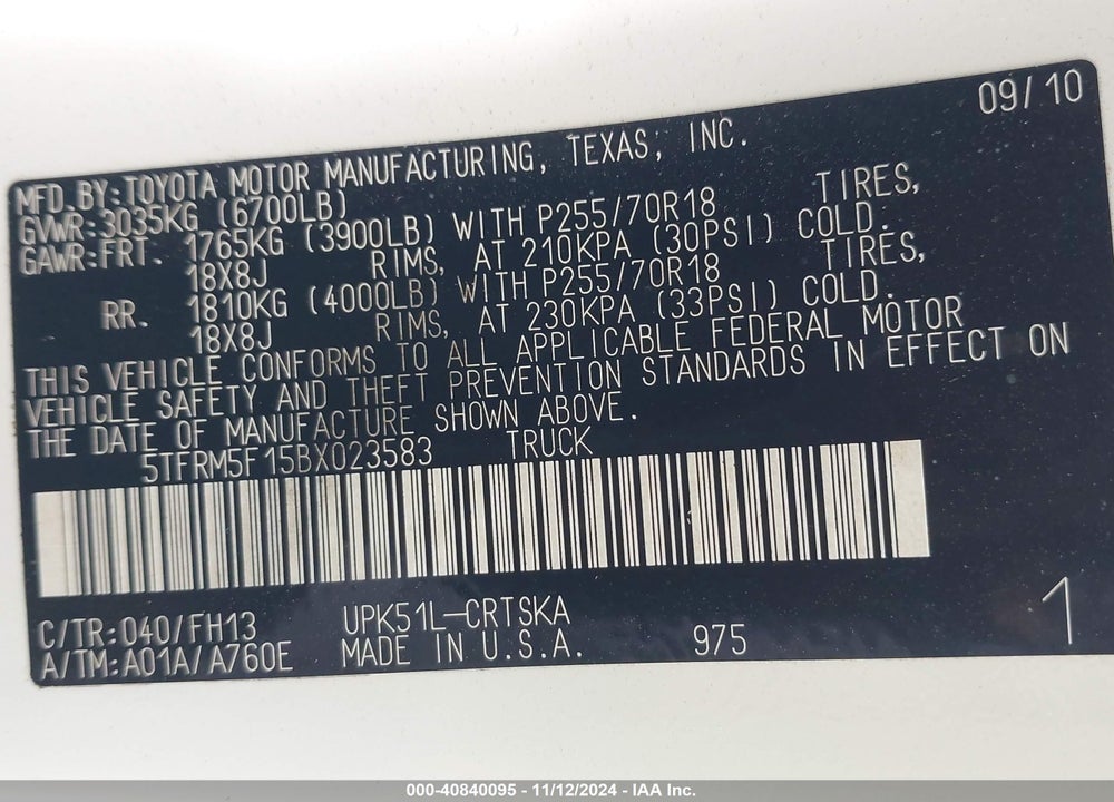 2011 TOYOTA TUNDRA GRADE 4.6L V8 VIN: 5TFRM5F15BX023583