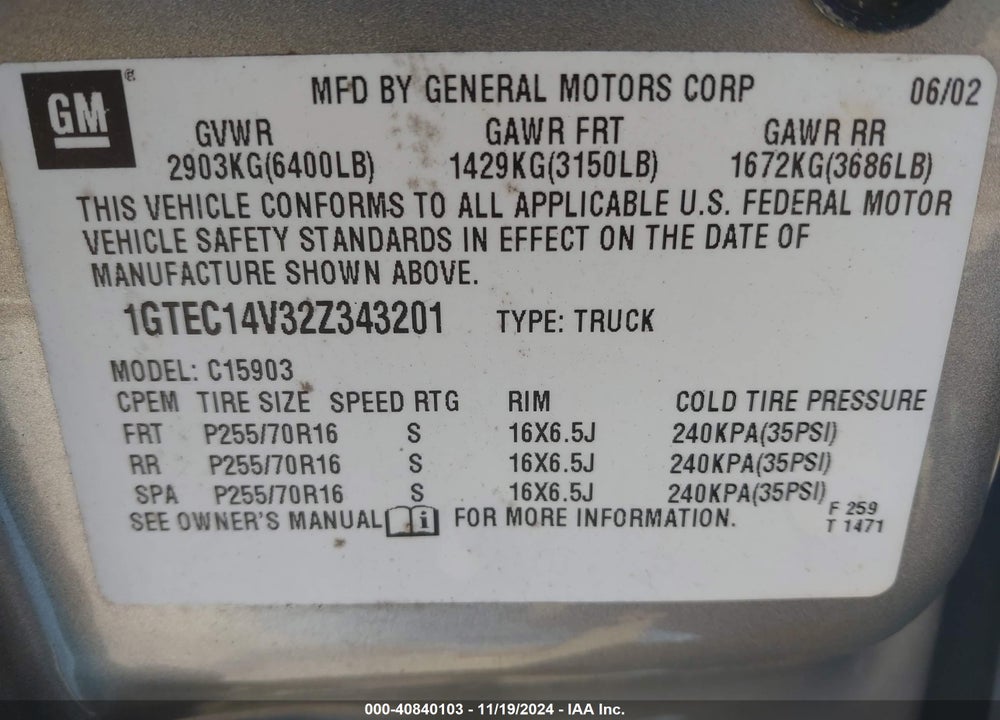 2002 GMC SIERRA 1500 STANDARD VIN: 1GTEC14V32Z343201