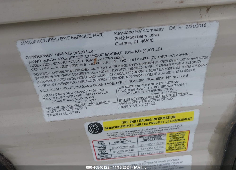 2018 KEYSTONE M-175 LHS HIDEOUT LHS MINI VIN: 4YDT17519JW249543
