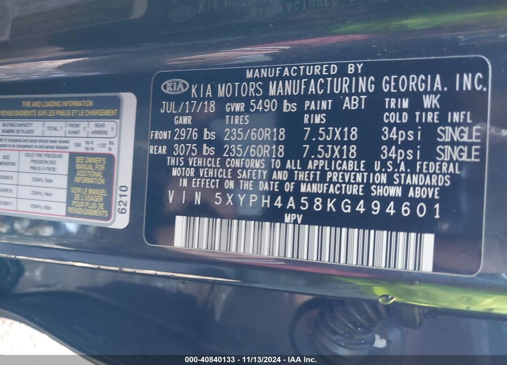 2019 KIA SORENTO 3.3L EX VIN: 5XYPH4A58KG494601