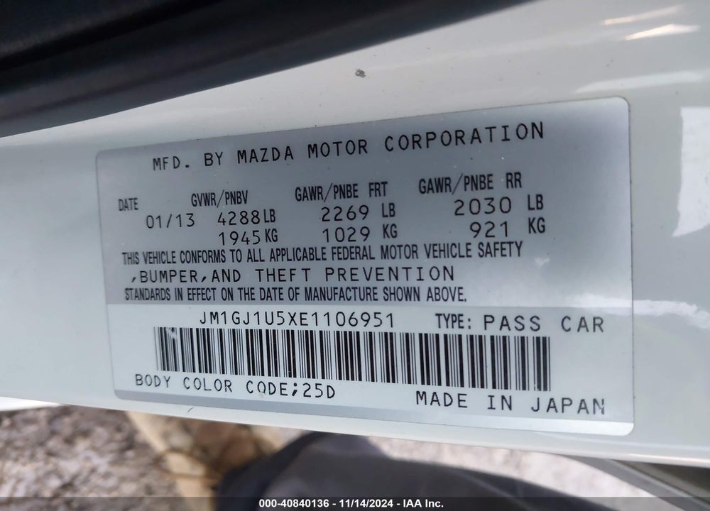2014 MAZDA 6 I SPORT VIN: JM1GJ1U5XE1106951