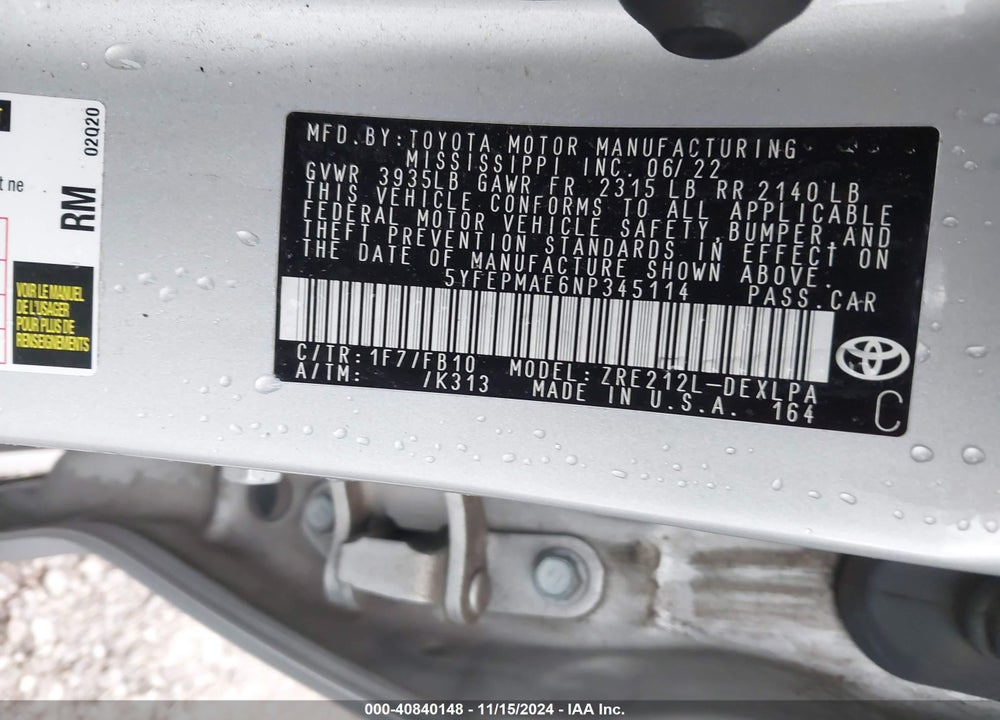 2022 TOYOTA COROLLA LE VIN: 5YFEPMAE6NP345114