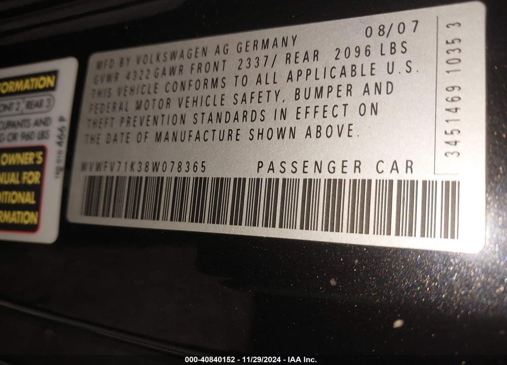 2008 VOLKSWAGEN GTI 2-DOOR VIN: WVWFV71K38W078365