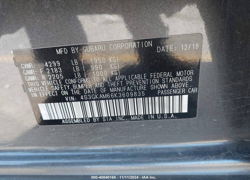 2019 SUBARU IMPREZA 2.0I SPORT VIN: 4S3GKAM66K3609835