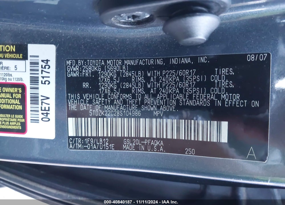 2008 TOYOTA SIENNA XLE VIN: 5TDZK22C28S104986
