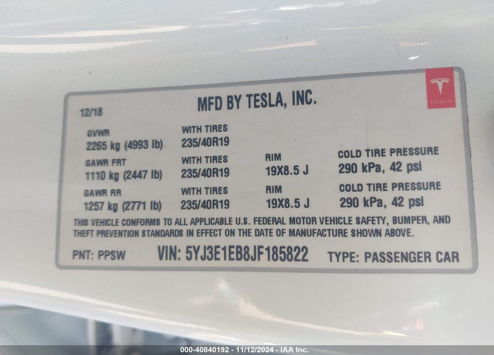2018 TESLA MODEL 3 LONG RANGE/PERFORMANCE VIN: 5YJ3E1EB8JF185822