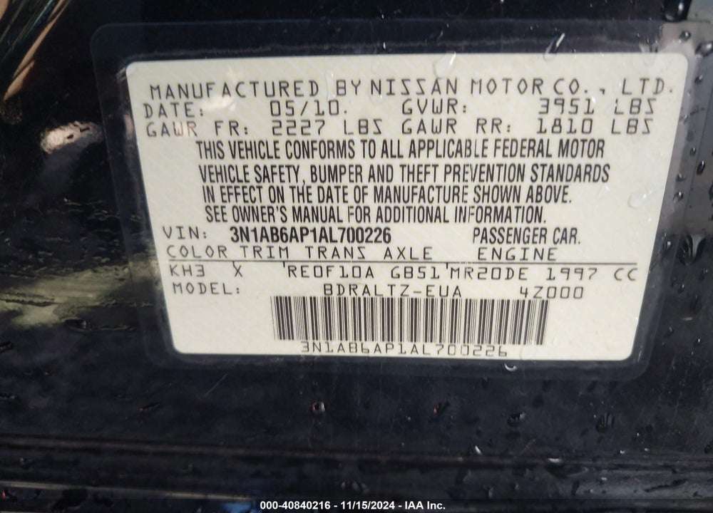 2010 NISSAN SENTRA 2.0SR VIN: 3N1AB6AP1AL700226