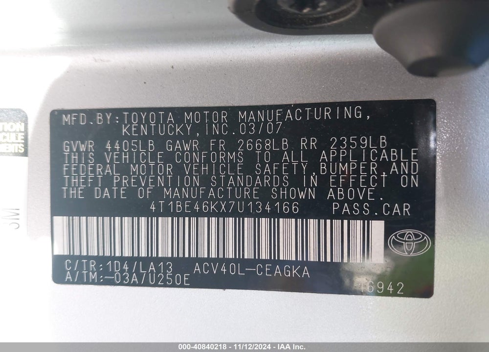 2007 TOYOTA CAMRY XLE VIN: 4T1BE46KX7U134166