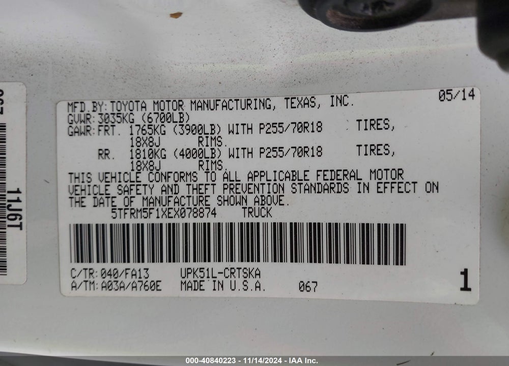 2014 TOYOTA TUNDRA SR 4.6L V8 VIN: 5TFRM5F1XEX078874