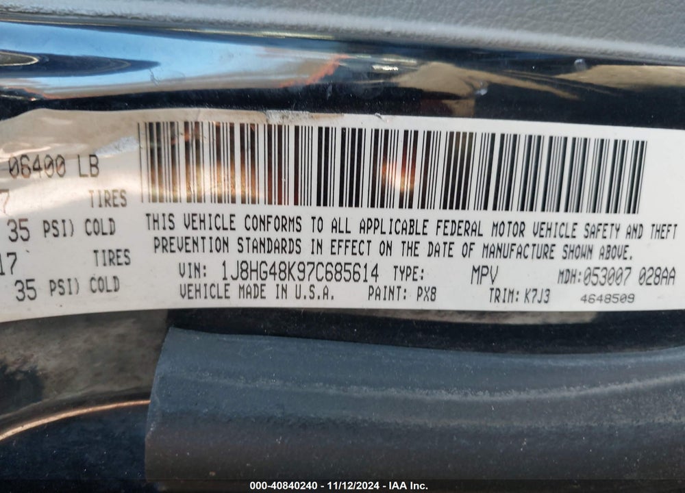 2007 JEEP COMMANDER SPORT VIN: 1J8HG48K97C685614