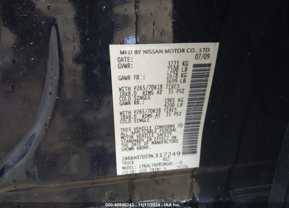 2009 NISSAN TITAN SE VIN: 1N6BA07D59N317249