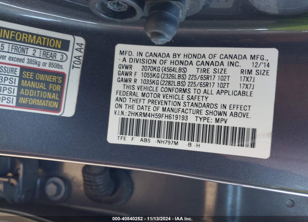 2015 HONDA CR-V EX VIN: 2HKRM4H59FH619193