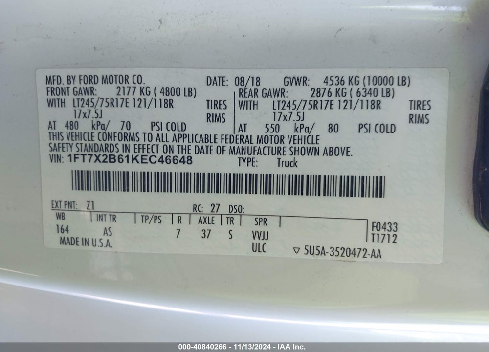 2019 FORD F-250 XL VIN: 1FT7X2B61KEC46648