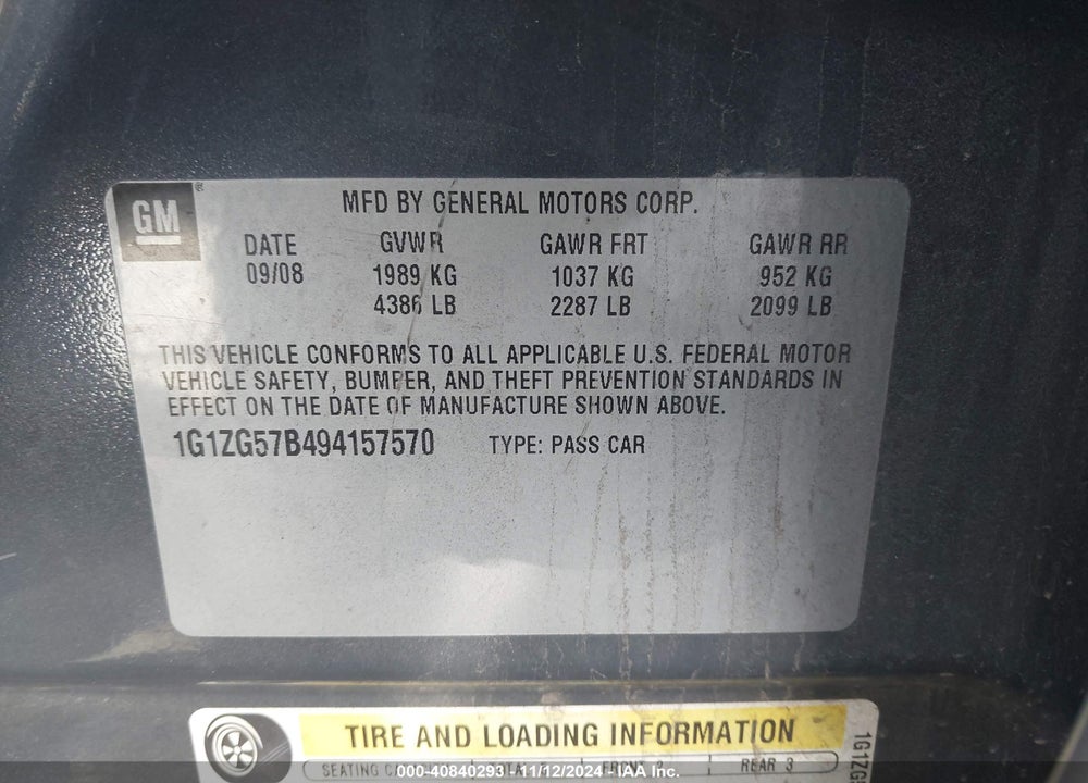 2009 CHEVROLET MALIBU VIN: 1G1ZG57B494157570