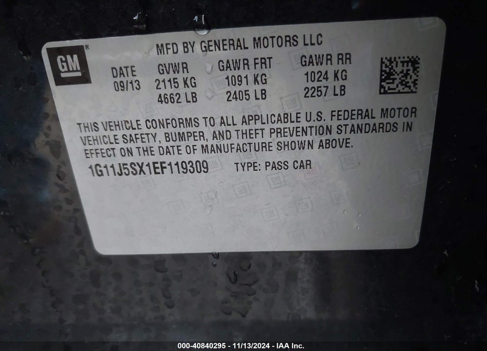 2014 CHEVROLET MALIBU 2LZ VIN: 1G11J5SX1EF119309