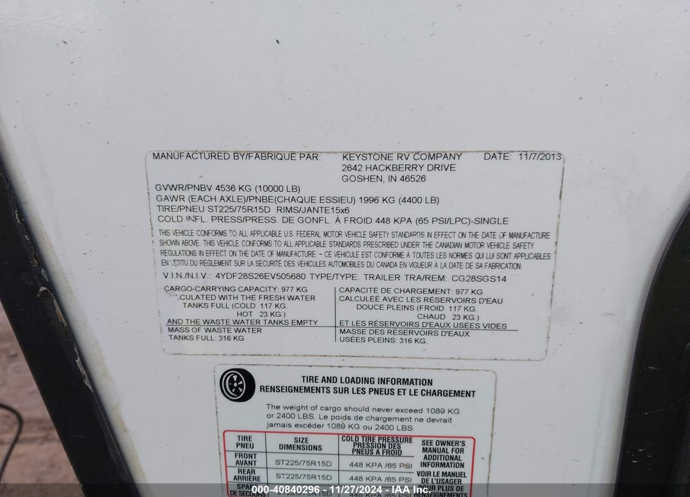 2014 KEYSTONE TRAVEL TRLR VIN: 4YDF28S26EV505680