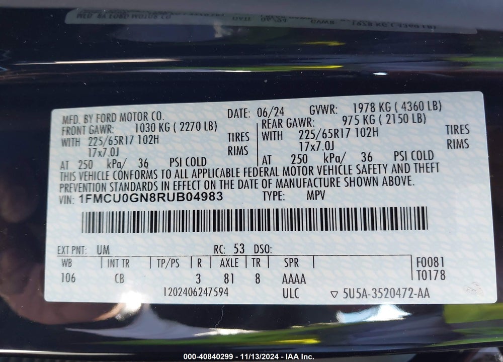 2024 FORD ESCAPE ACTIVE VIN: 1FMCU0GN8RUB04983