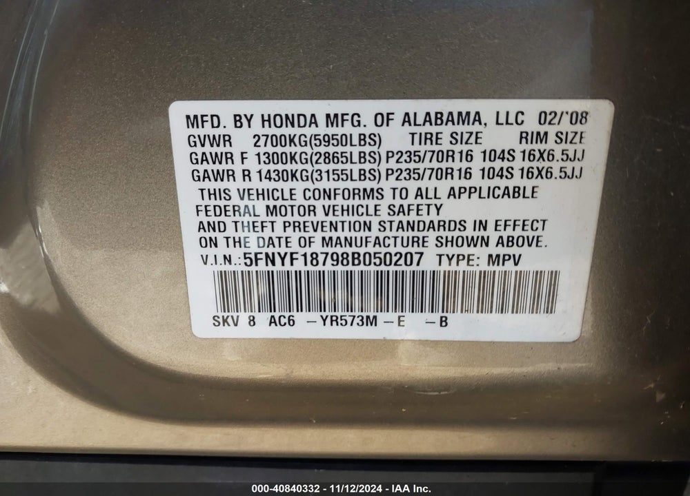 2008 HONDA PILOT EX-L VIN: 5FNYF18798B050207