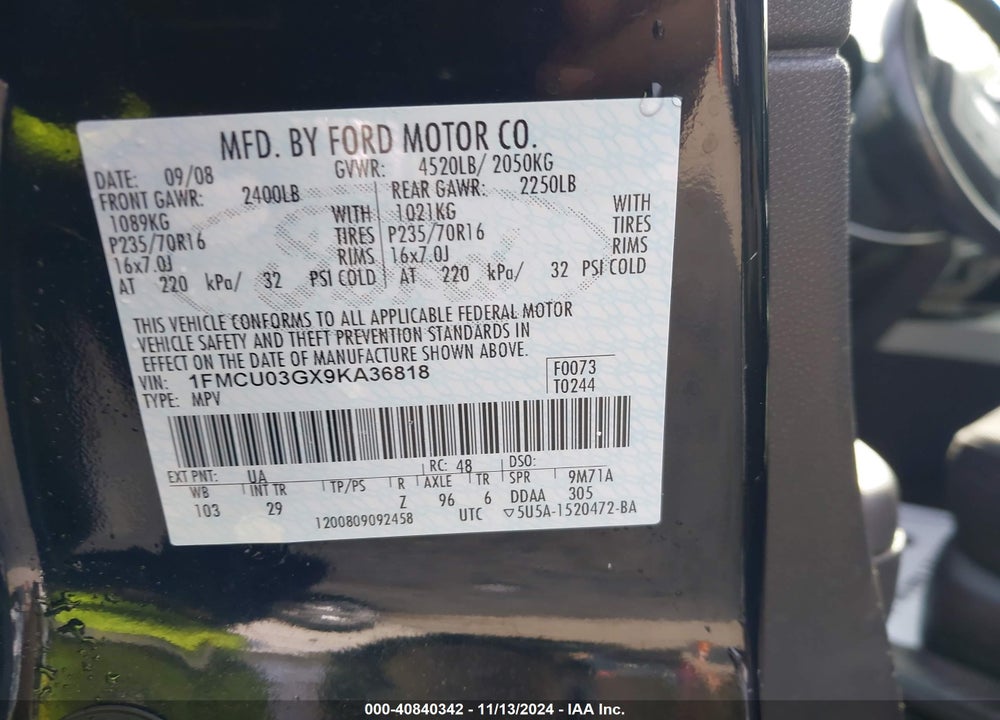 2009 FORD ESCAPE XLT VIN: 1FMCU03GX9KA36818