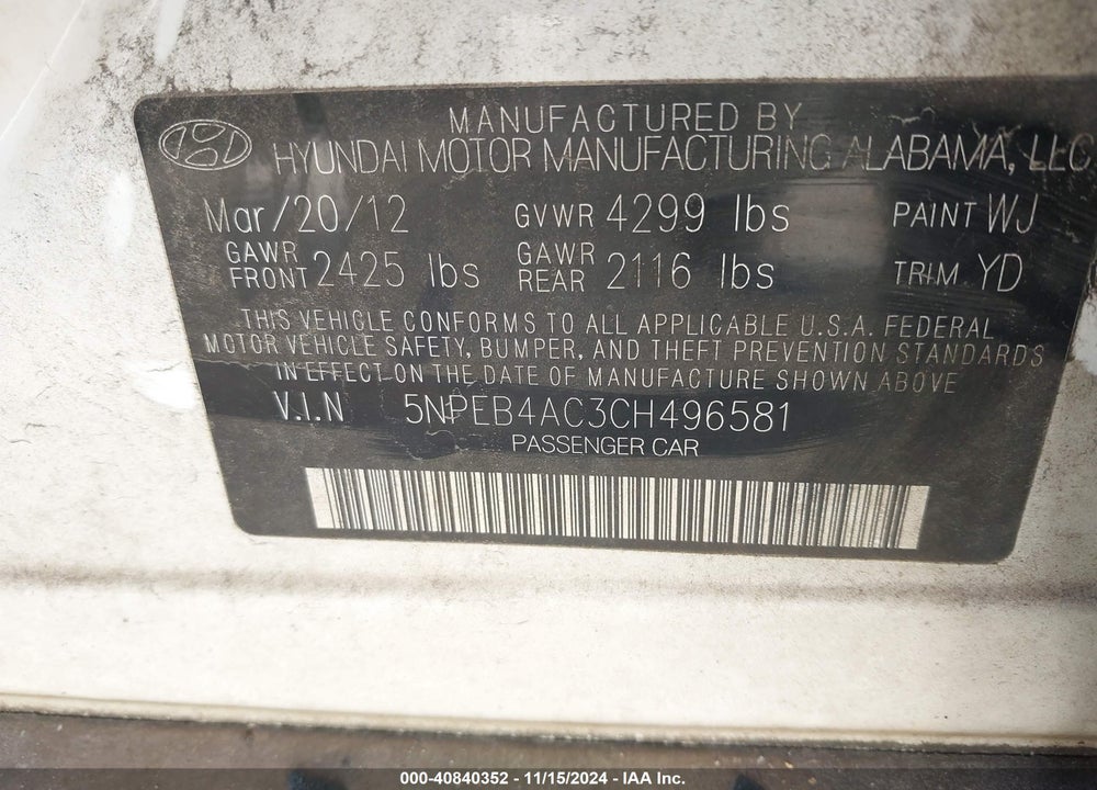 2012 HYUNDAI SONATA GLS VIN: 5NPEB4AC3CH496581
