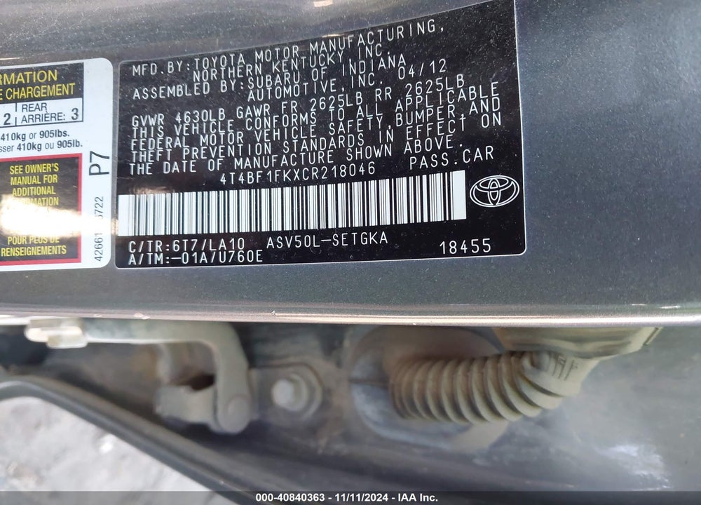 2012 TOYOTA CAMRY XLE VIN: 4T4BF1FKXCR218046
