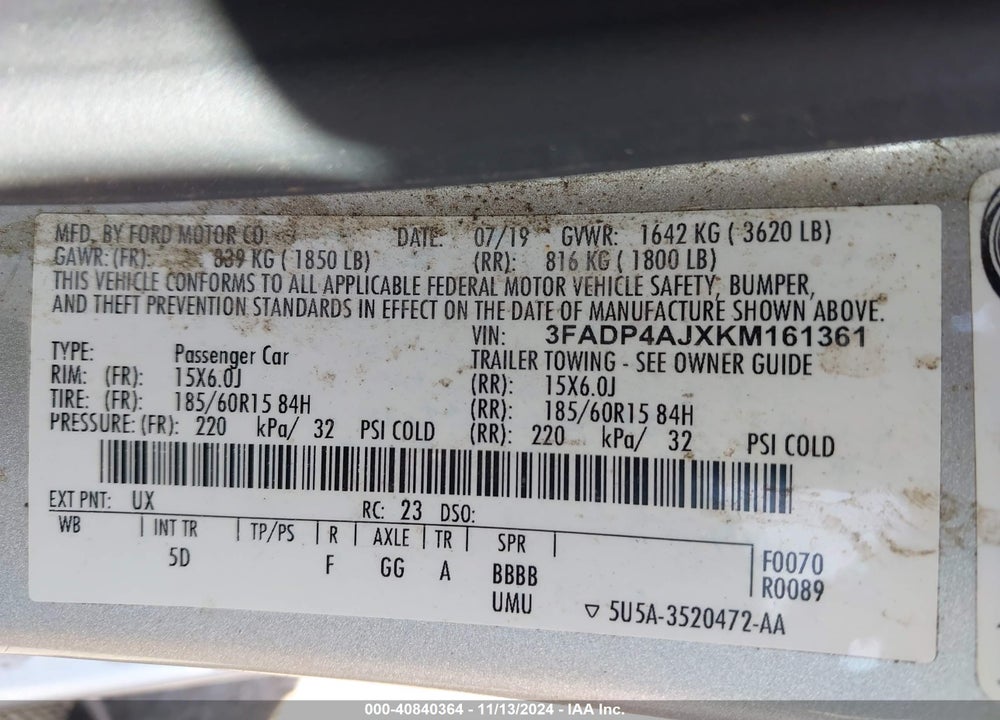 2019 FORD FIESTA S VIN: 3FADP4AJXKM161361