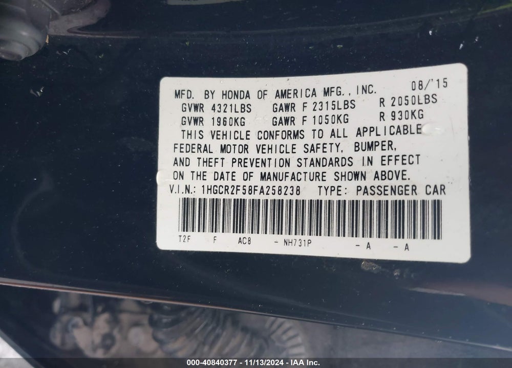 2015 HONDA ACCORD SPORT VIN: 1HGCR2F58FA258238