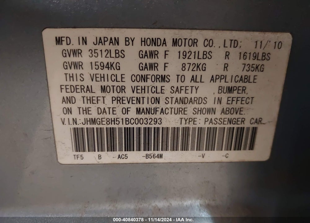 2011 HONDA FIT SPORT VIN: JHMGE8H51BC003293