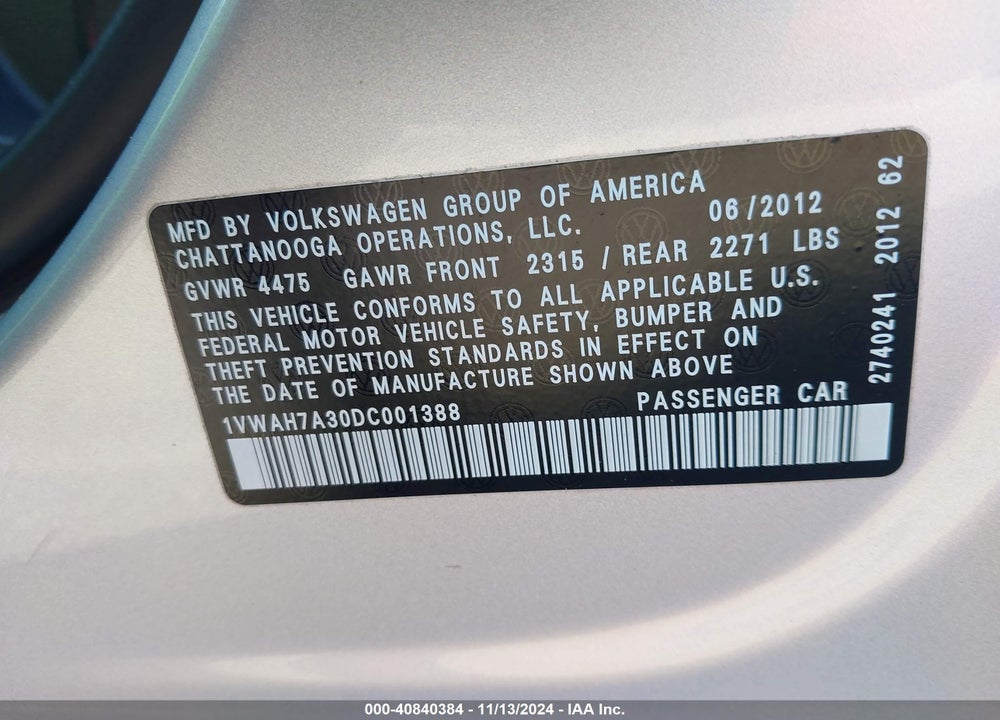 2013 VOLKSWAGEN PASSAT 2.5L S VIN: 1VWAH7A30DC001388