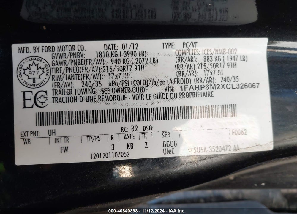 2012 FORD FOCUS SEL VIN: 1FAHP3M2XCL326067