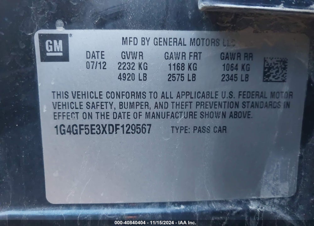 2013 BUICK LACROSSE PREMIUM 1 GROUP VIN: 1G4GF5E3XDF129567