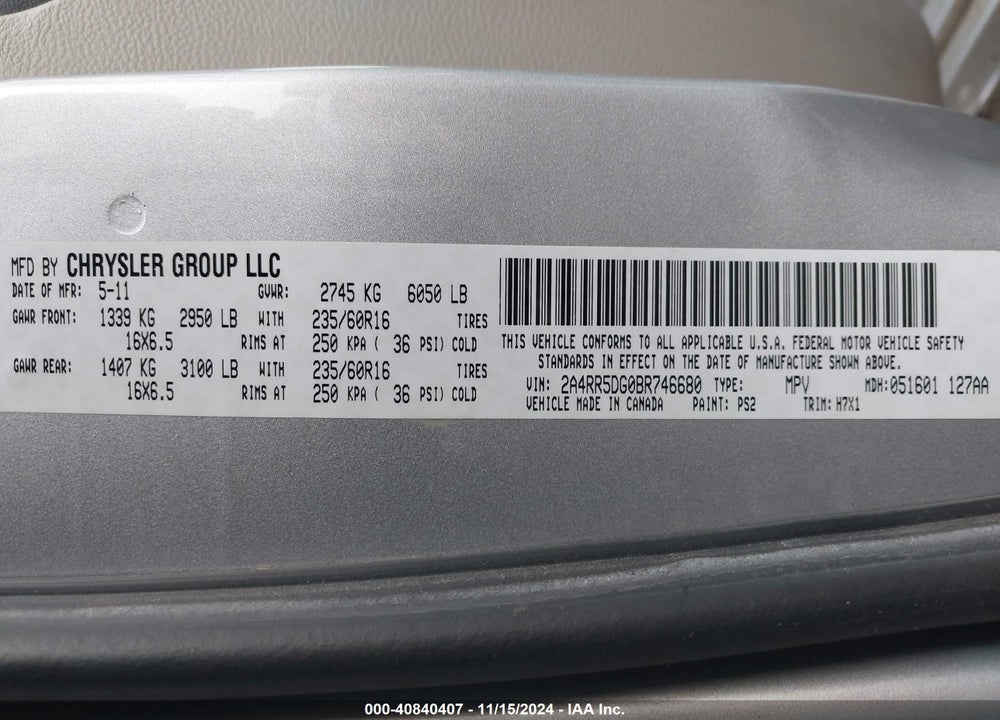 2011 CHRYSLER TOWN & COUNTRY TOURING VIN: 2A4RR5DG0BR746680