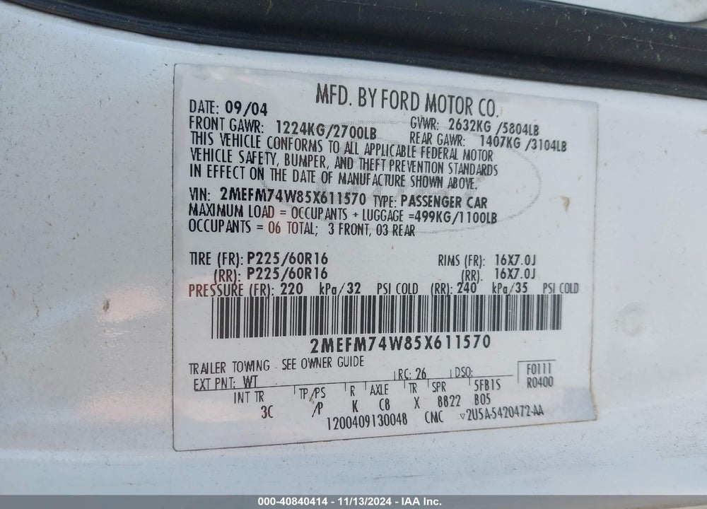 2005 MERCURY GRAND MARQUIS VIN: 2MEFM74W85X611570