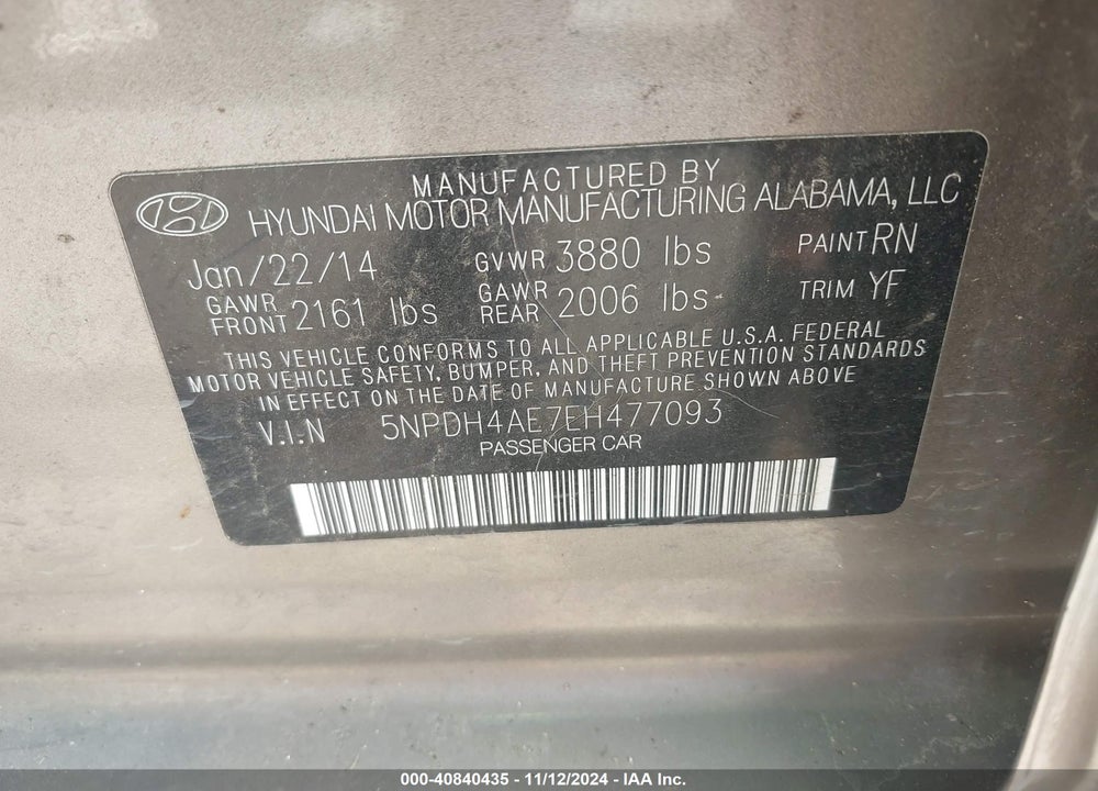 2014 HYUNDAI ELANTRA SE VIN: 5NPDH4AE7EH477093