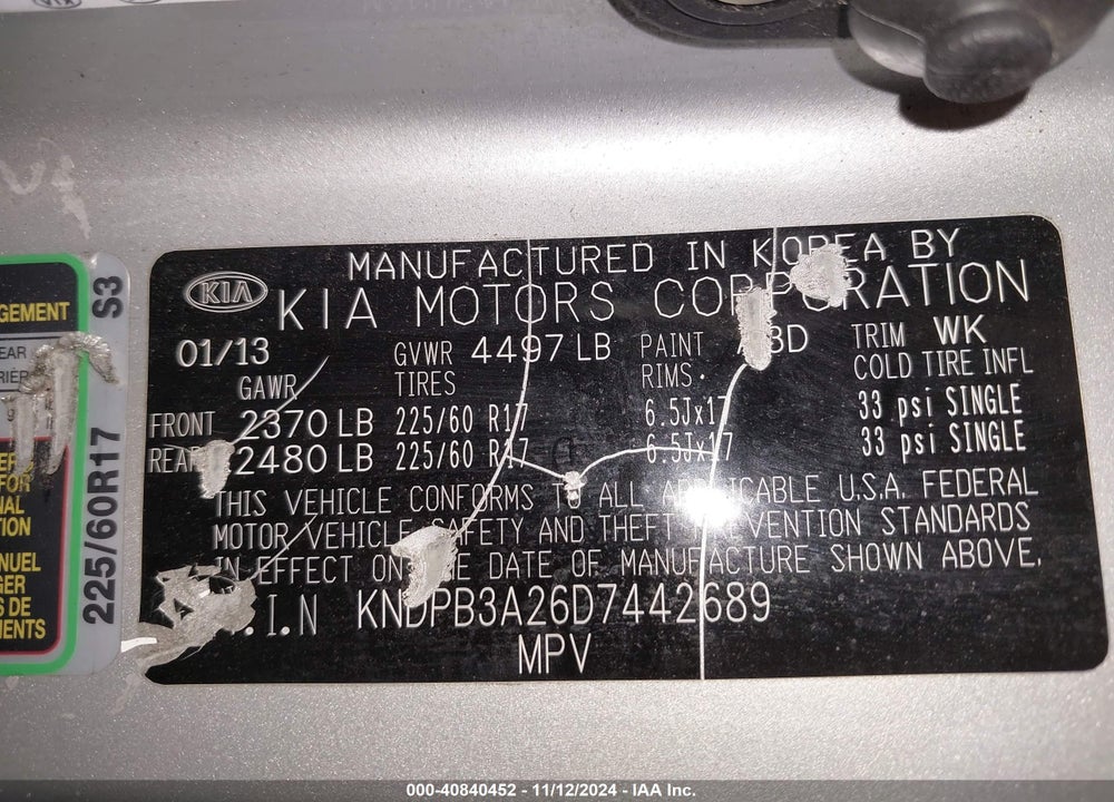 2013 KIA SPORTAGE LX VIN: KNDPB3A26D7442689
