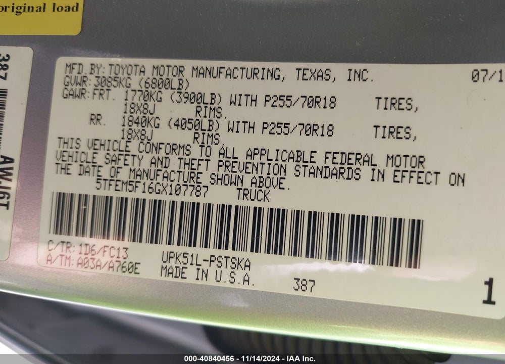 2016 TOYOTA TUNDRA SR5 4.6L V8 VIN: 5TFEM5F16GX107787