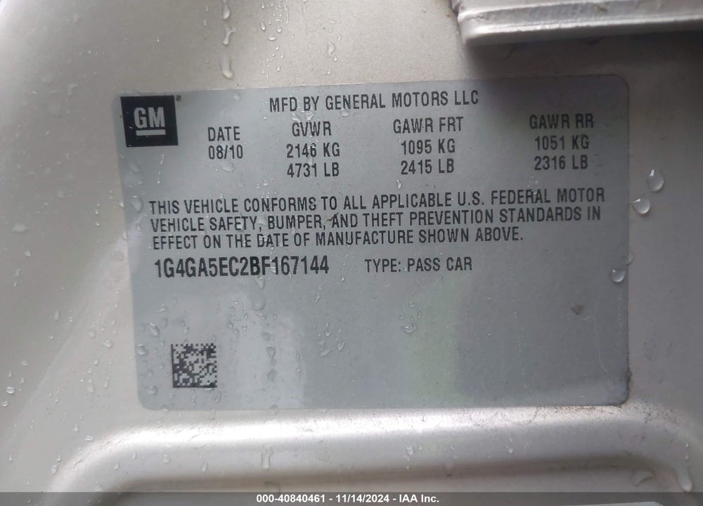 2011 BUICK LACROSSE CX VIN: 1G4GA5EC2BF167144