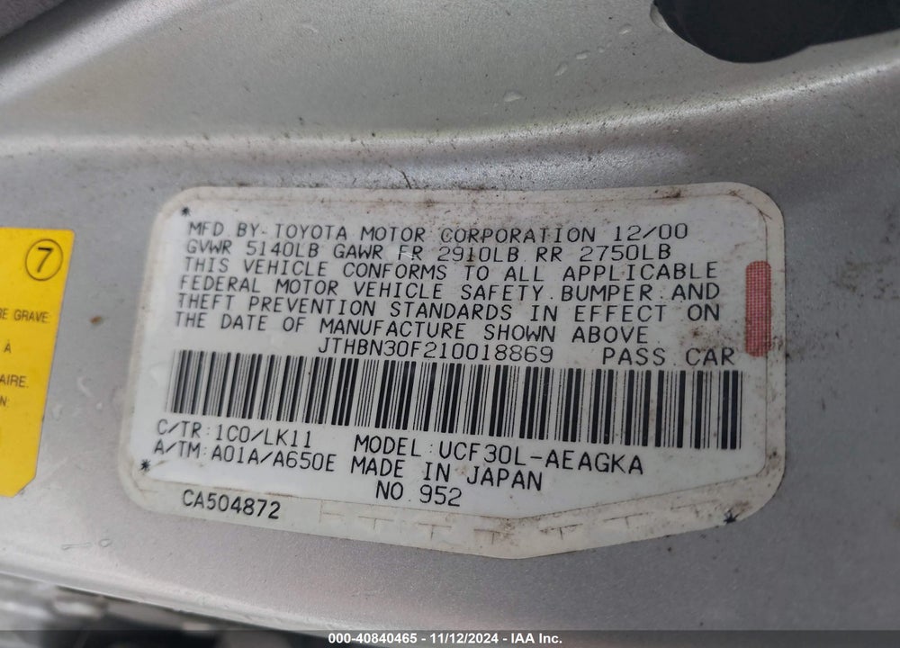 2001 LEXUS LS 430 VIN: JTHBN30F210018869